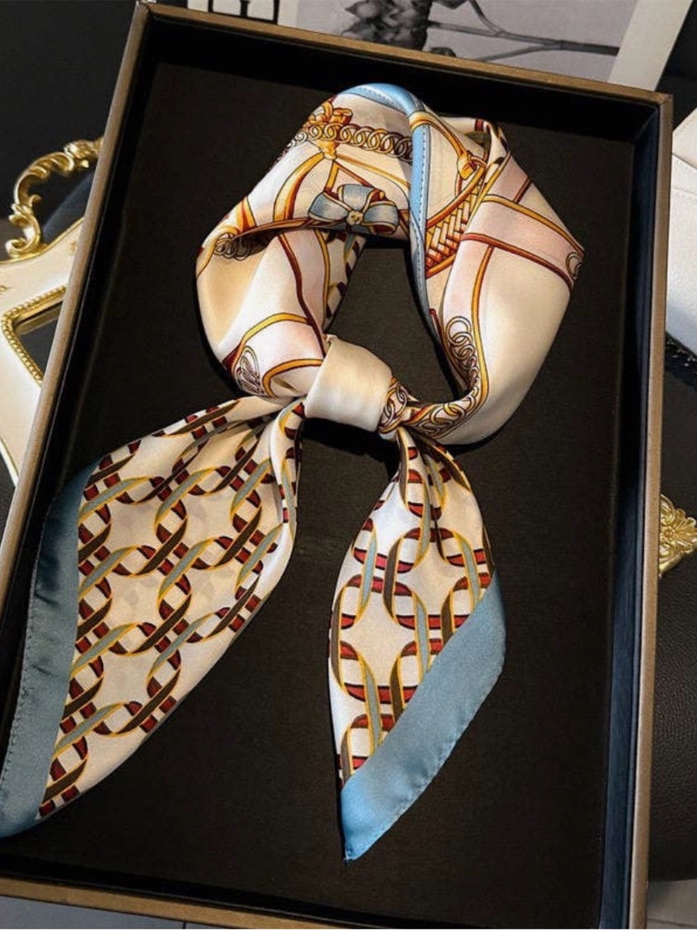 Elegant Cream and Light Blue Silk Scarf Tie